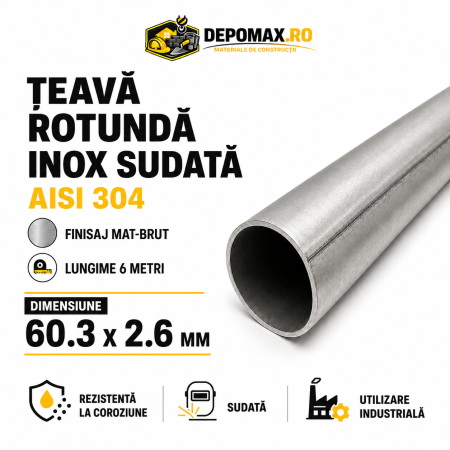 Teava rotunda inox sudata AISI 304, 60.3 x 2.6 mm, 6 metri